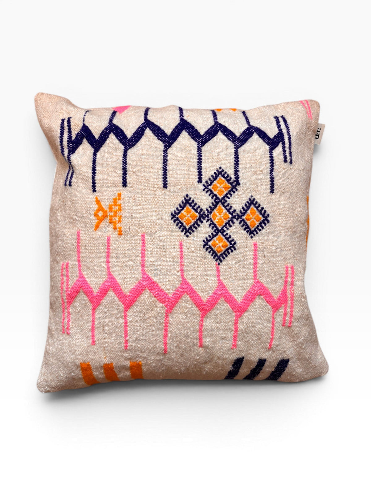 LEY! Kissen - Colorful Line, 60x60 cm, beige Schurwolle mit pink, navy & orange Muster, handgefertigt in Marrakesch.