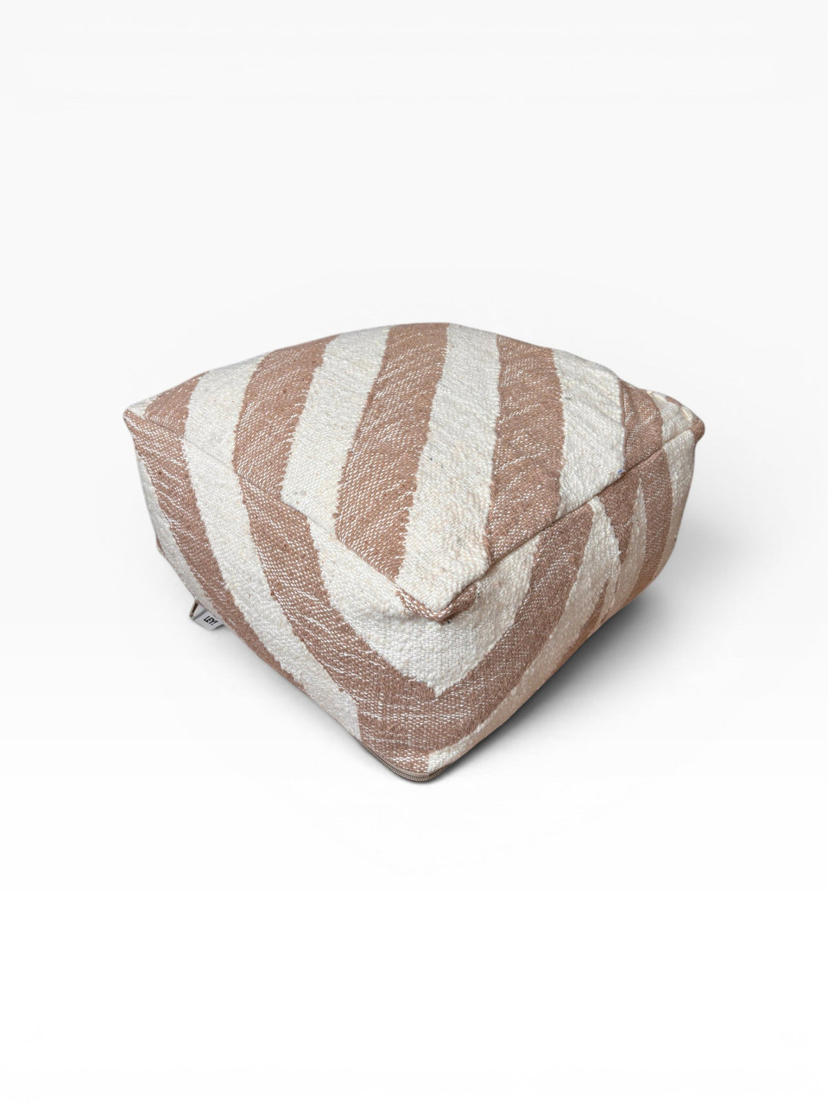 LEY! Bodenkissen - Classic Line - Muto II: beige & weiß handgefertigte Schurwolle Pouf mit geschwungenen Streifen.