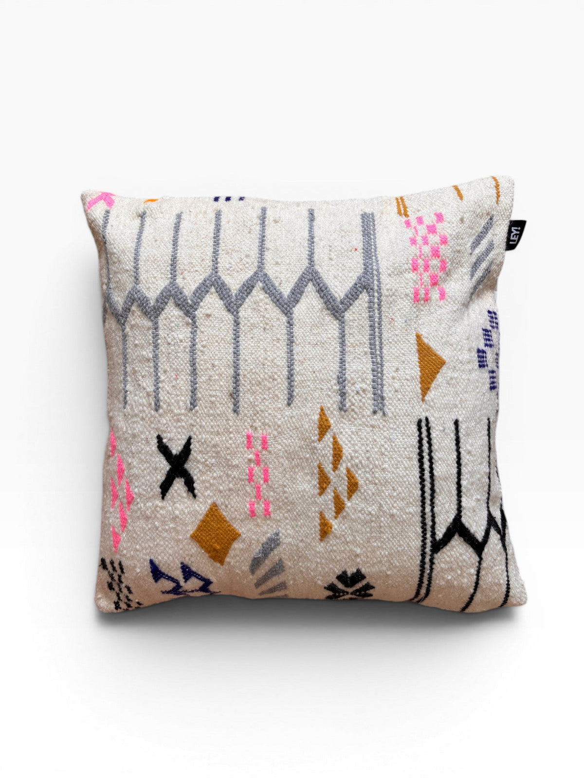 LEY! Kissen - Colorful Line 60x60: beige Schurwolle, geometrisches Muster, handgefertigt in Marrakesch.