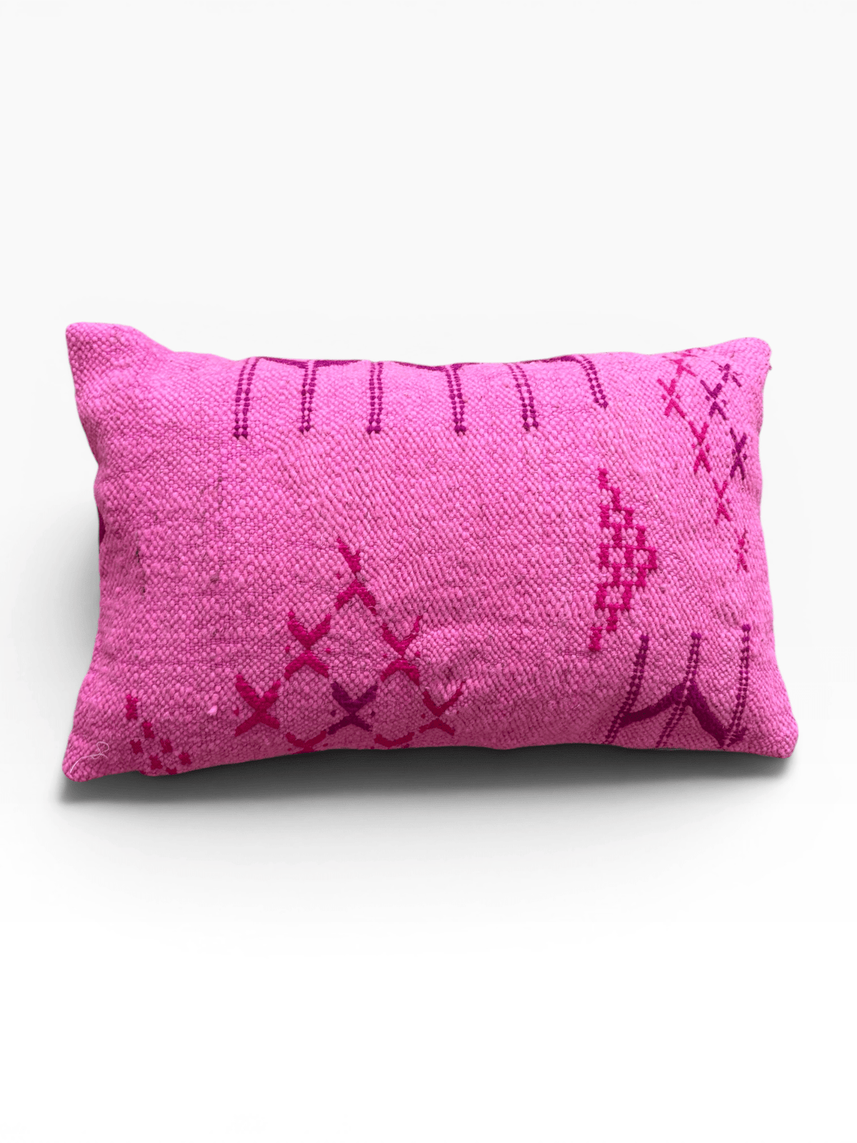 LEY! Kissen „Colorful Line“ PINK EDITION, 30 x 50 cm, rosa mit magentafarbenen und violetten geometrischen Stickereien auf weißem Hintergrund.