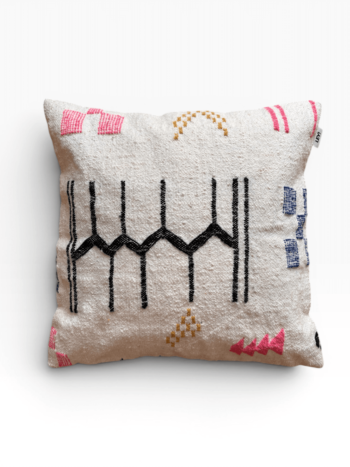 LEY! Kissen – Colorful Line, 60 x 60 cm: abstraktes geometrisches Muster auf cremefarbenem Hintergrund, handgefertigt aus Schurwolle.