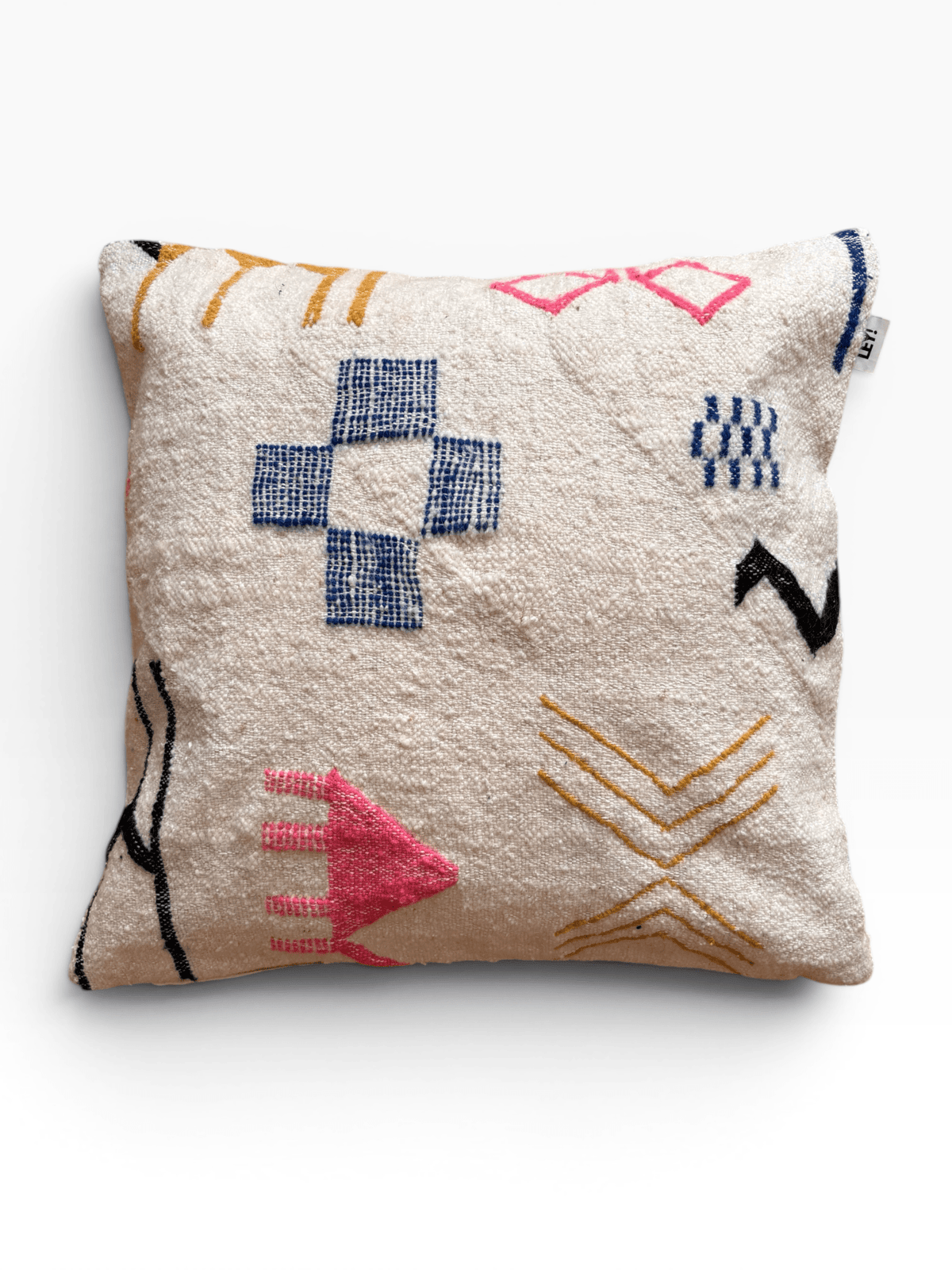 LEY! Kissen – Colorful Line, 60 x 60 cm, quadratisches, beiges Kissen aus Schurwolle mit abstrakten Marrakesch-Mustern.