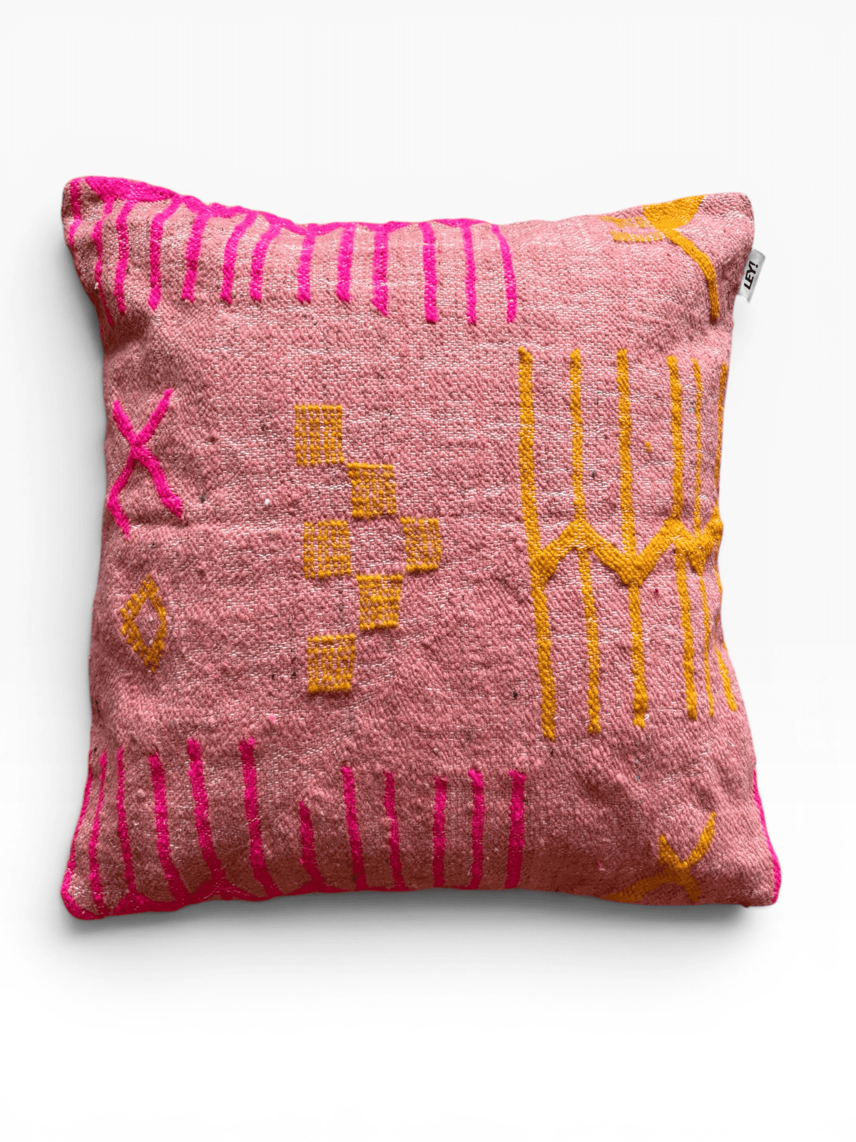 LEY! Kissen – Colorful Line – Terracotta Edition, 60 x 60 cm, geometrisches Muster in Rosa, Gelb und Orange auf strukturiertem Stoff.
