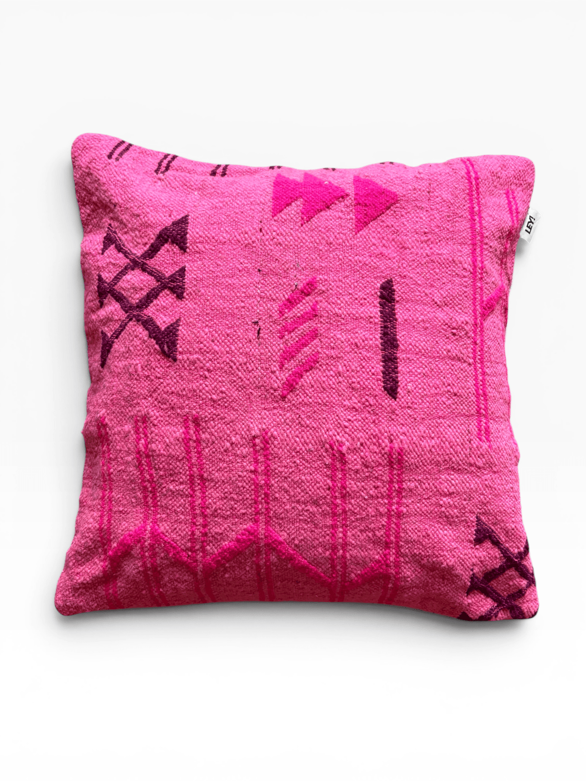 LEY! Kissen – Colorful Line Pink Edition 60 x 60 cm: leuchtendes Pink mit dunkelrosa und violetten geometrischen Mustern.