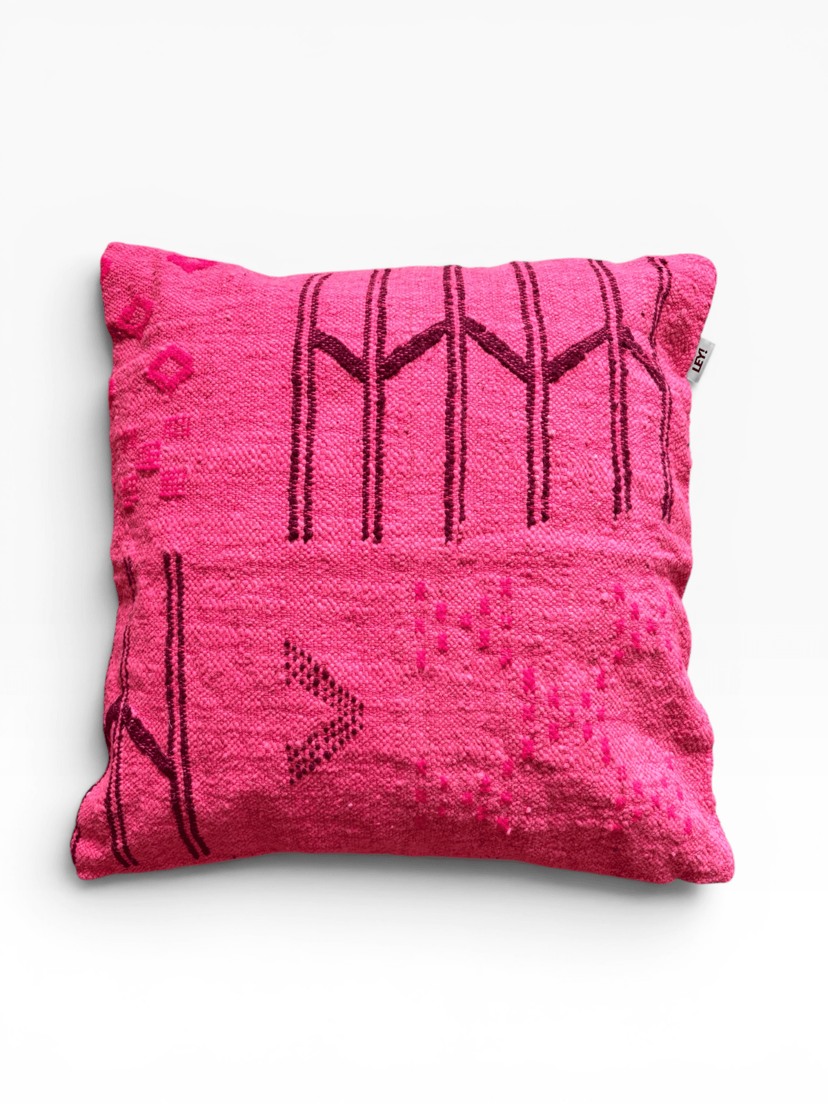 LEY! Kissen – Colorful Line Pink Edition, 50 x 50 cm, leuchtendes Pink mit dunkelrosa geometrischem Muster, handgefertigt.