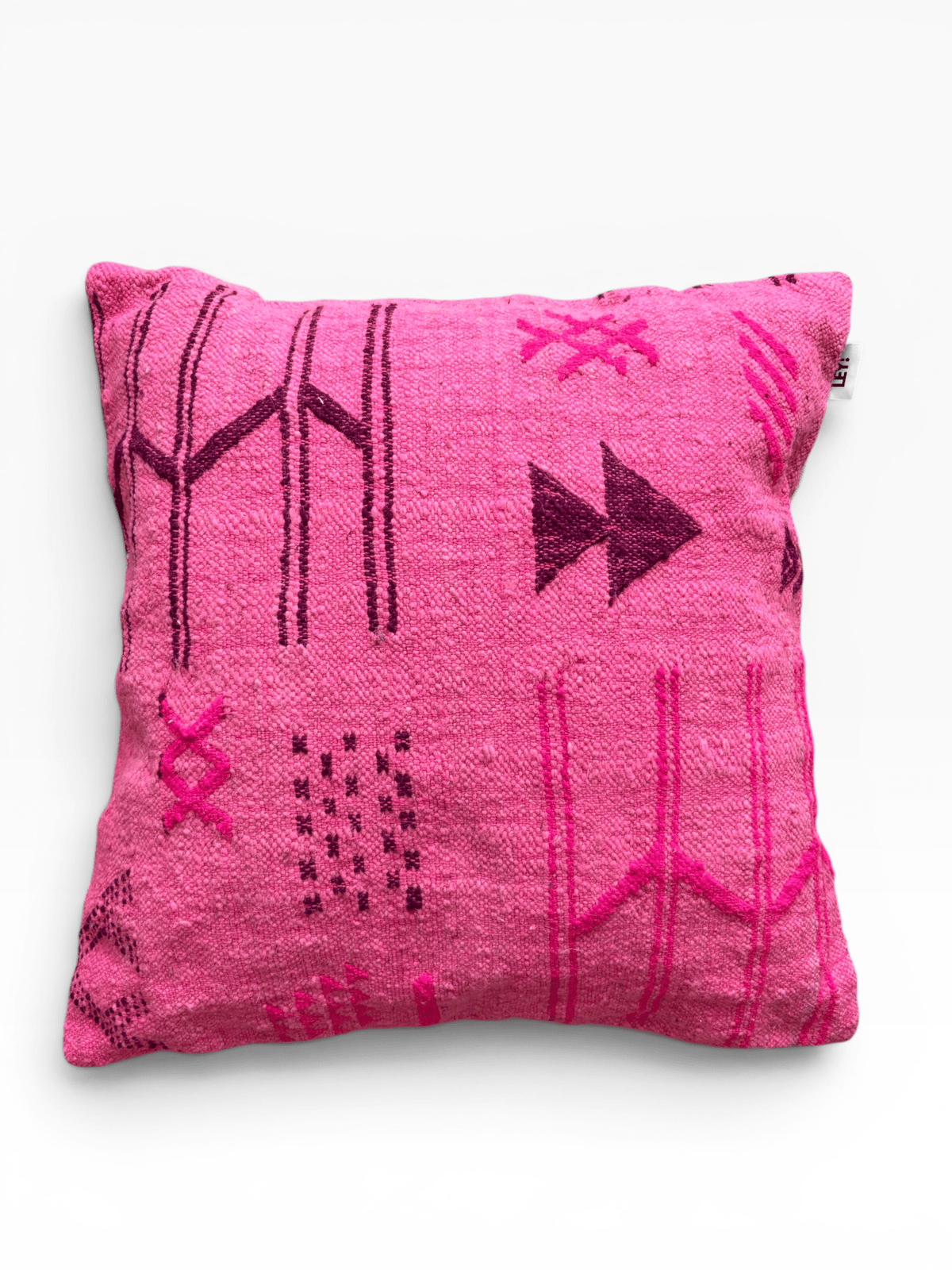 LEY! Kissen – Colorful Line Pink Edition 50x50, handgefertigt, leuchtendes Pink mit bunten Linien auf Weiß.