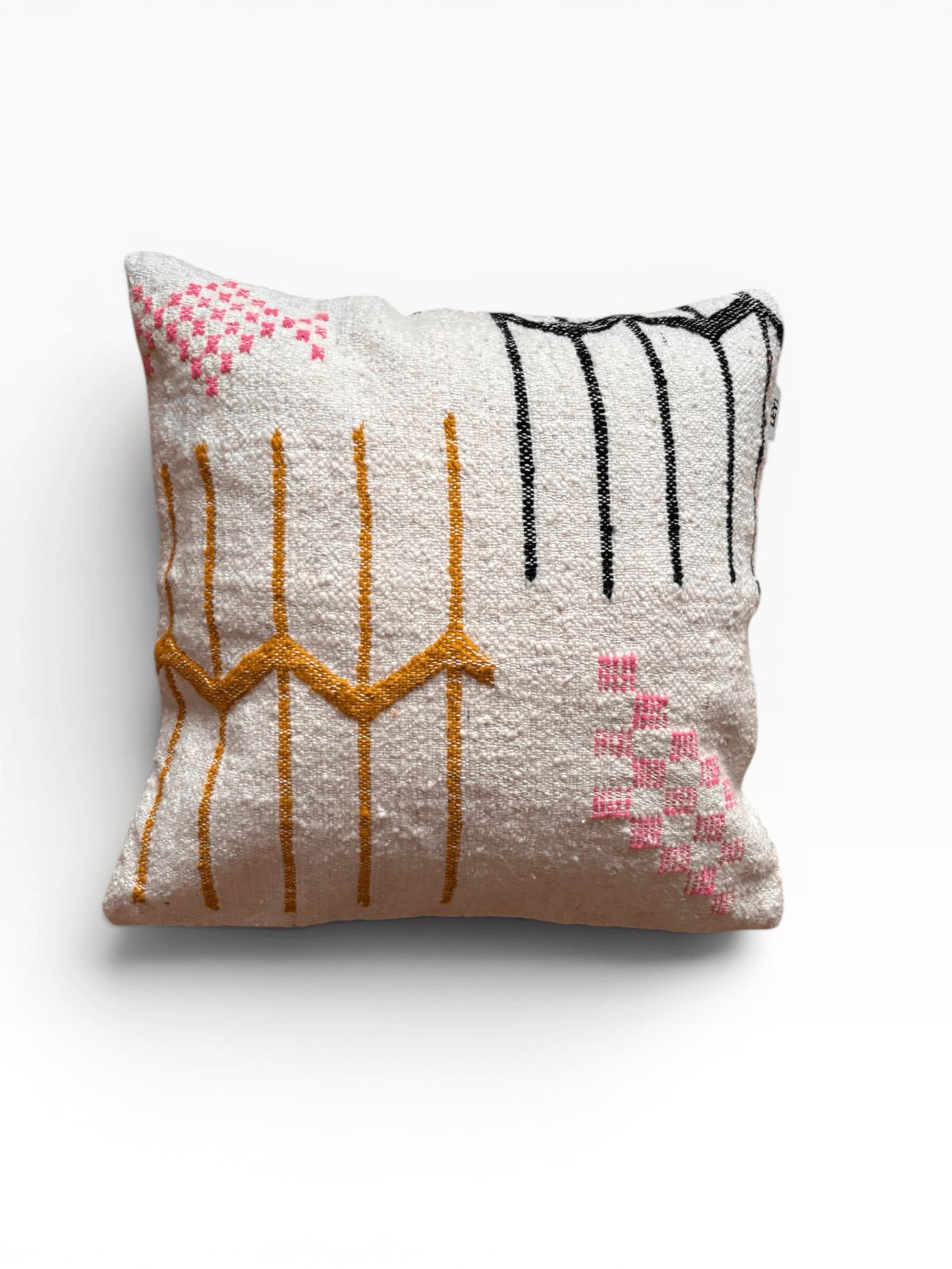 LEY! Kissen – Colorful Line, 50 x 50 cm, Schurwolle, handgefertigt mit gelben, pinken und schwarzen Mustern.