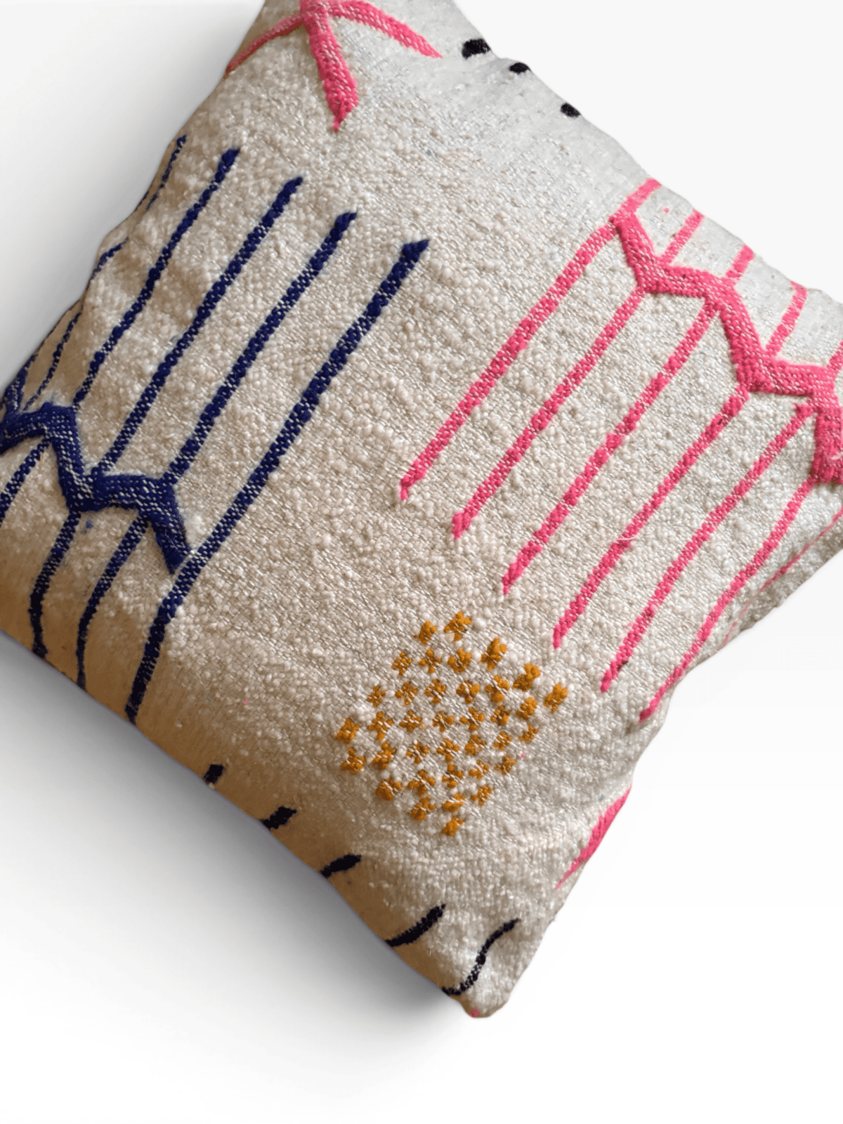LEY! Kissen – Colorful Line 50x50, handgefertigt, Schurwolle mit geometrischen Mustern in Pink, Blau und Gelb.