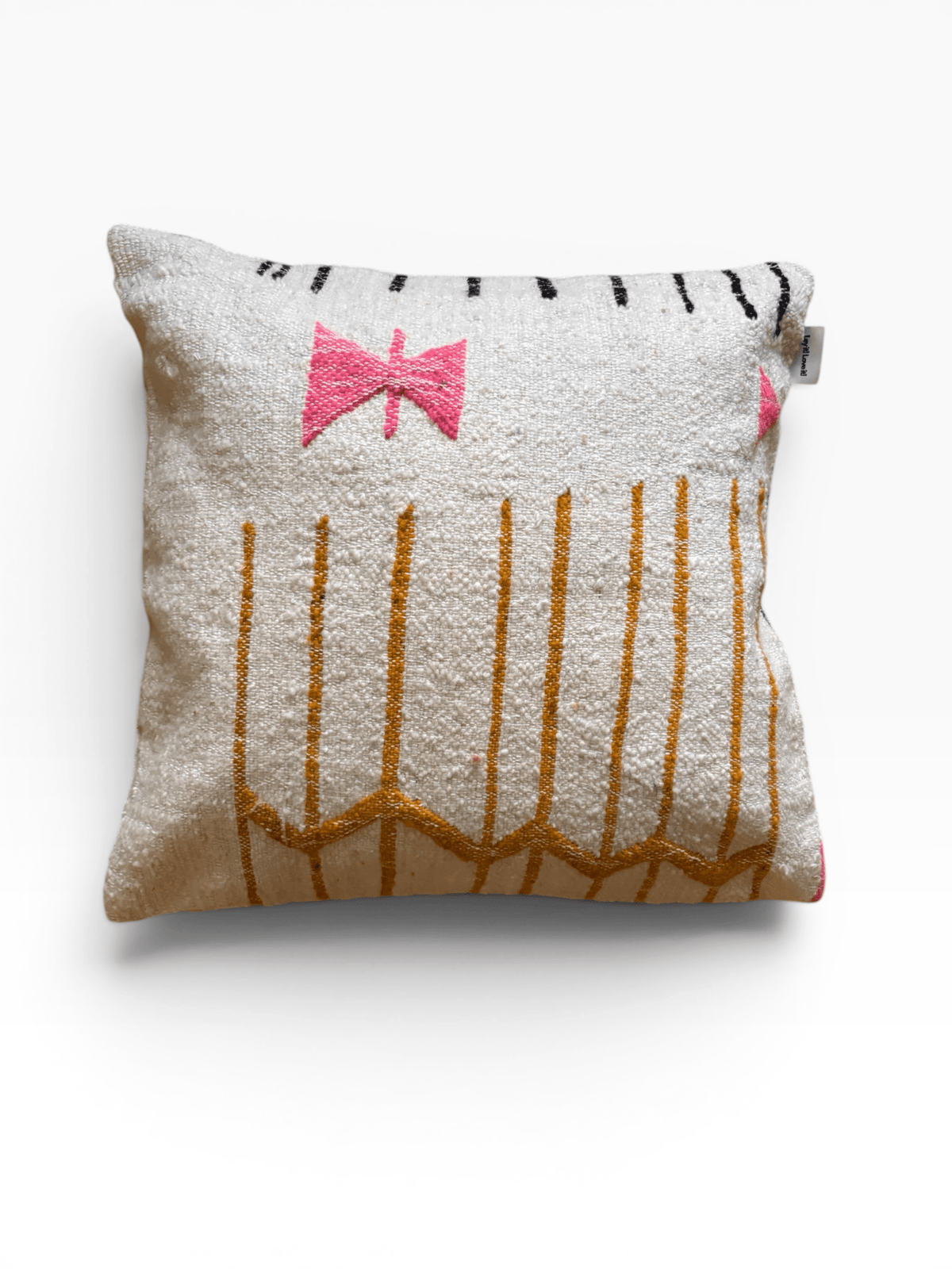 LEY! Kissen – Colorful Line, 50 x 50 cm, mit weißen, goldenen und schwarzen Linien sowie einer rosa Schleife.