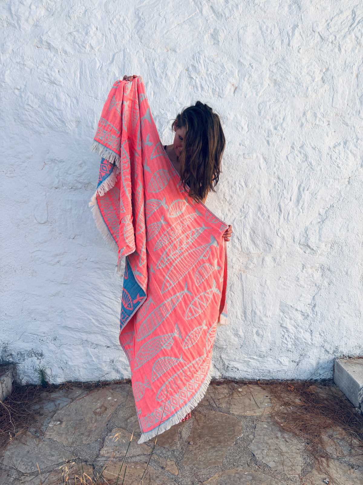 STRANDHANDTUCH - BADETUCH - 'RIVA' - CORAL/NAVY