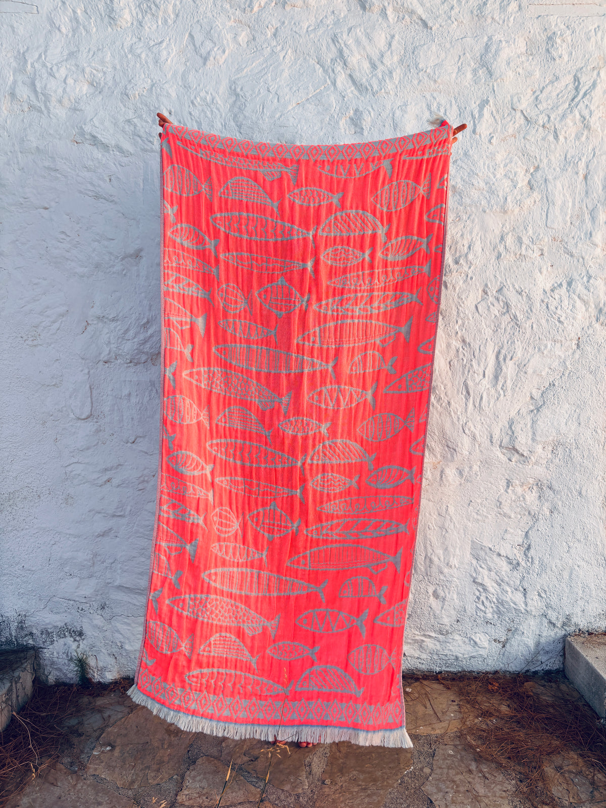 STRANDHANDTUCH - BADETUCH - 'RIVA' - CORAL/NAVY