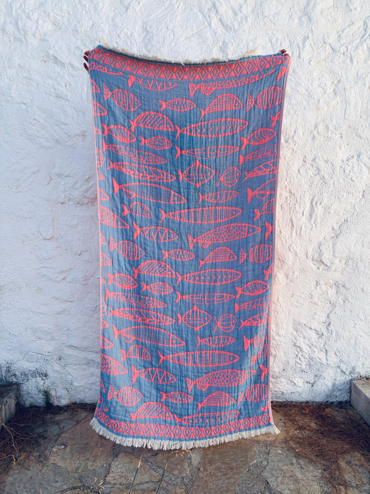 STRANDHANDTUCH - BADETUCH - 'RIVA' - CORAL/NAVY