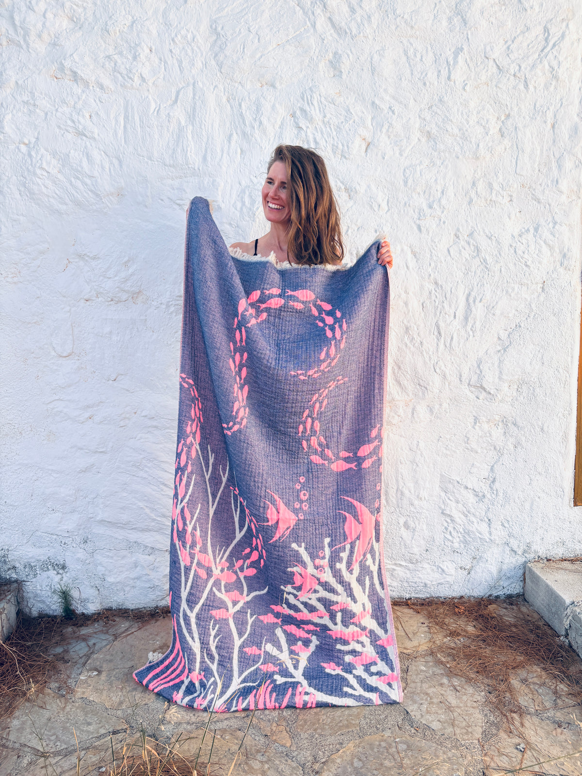 STRANDHANDTUCH - BADETUCH - 'RIVA' - PINK/NAVY
