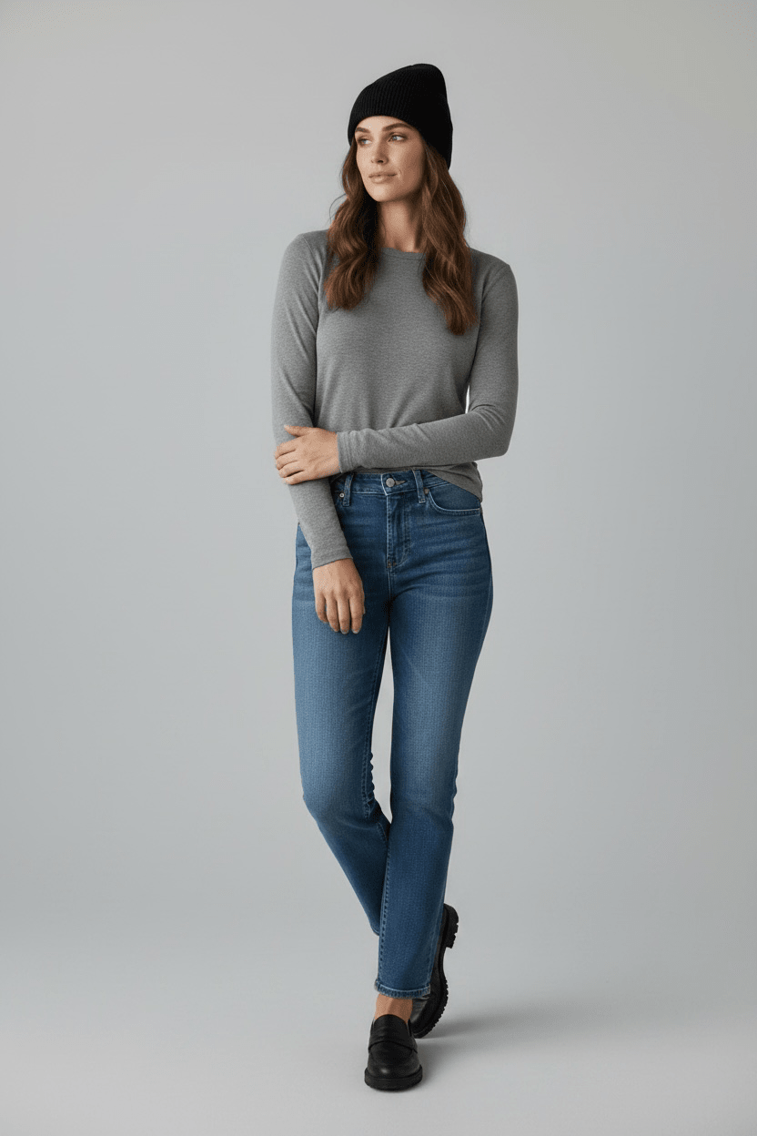 Eine Frau in einem grauen Langarmshirt, blauen Jeans und einer LEY!-Wollmütze „Saha“ in Schwarz von LEY! steht vor einem einfarbigen Hintergrund.