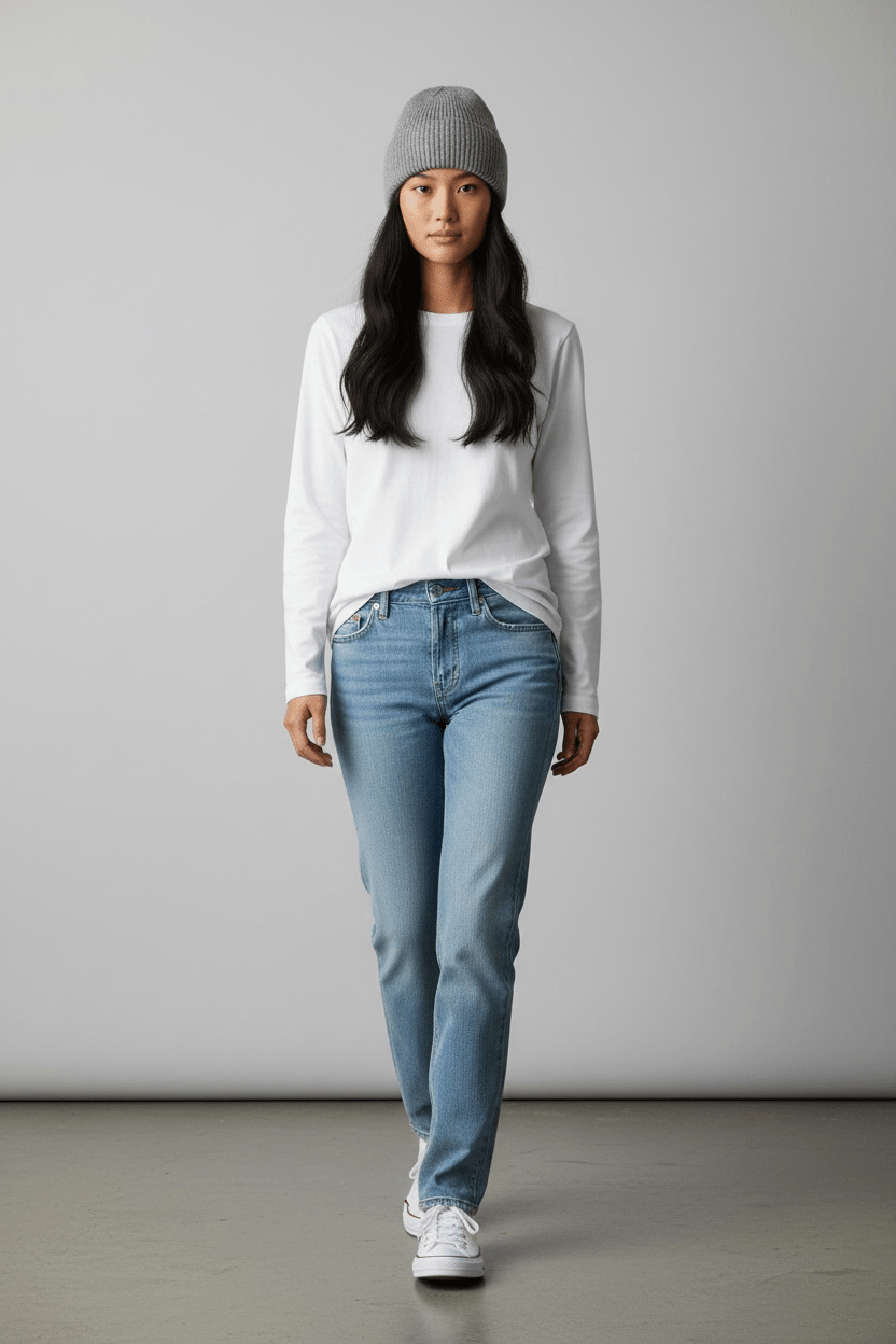 Eine Frau in einer beigen Unisex-Wollmütze „Saha“ von LEY!, einem weißen Langarmshirt und einer blauen Jeans steht vor einem einfarbigen Hintergrund.
