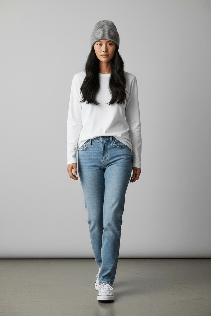 Eine Frau in einer beigen Unisex-Wollmütze „Saha“ von LEY!, einem weißen Langarmshirt und einer blauen Jeans steht vor einem einfarbigen Hintergrund.