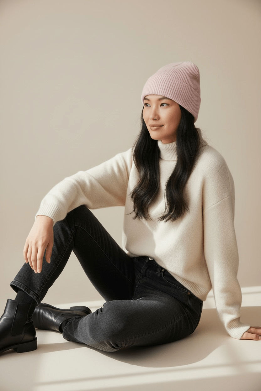 Eine Frau trägt eine LEY!-Wollmütze „Saha“ in Rosa und einen cremefarbenen Pullover; sie sitzt vor einem neutralen Hintergrund und lächelt.