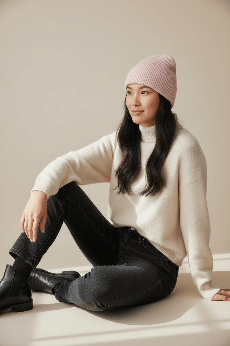 Eine Frau trägt eine LEY!-Wollmütze „Saha“ in Rosa und einen cremefarbenen Pullover; sie sitzt vor einem neutralen Hintergrund und lächelt.