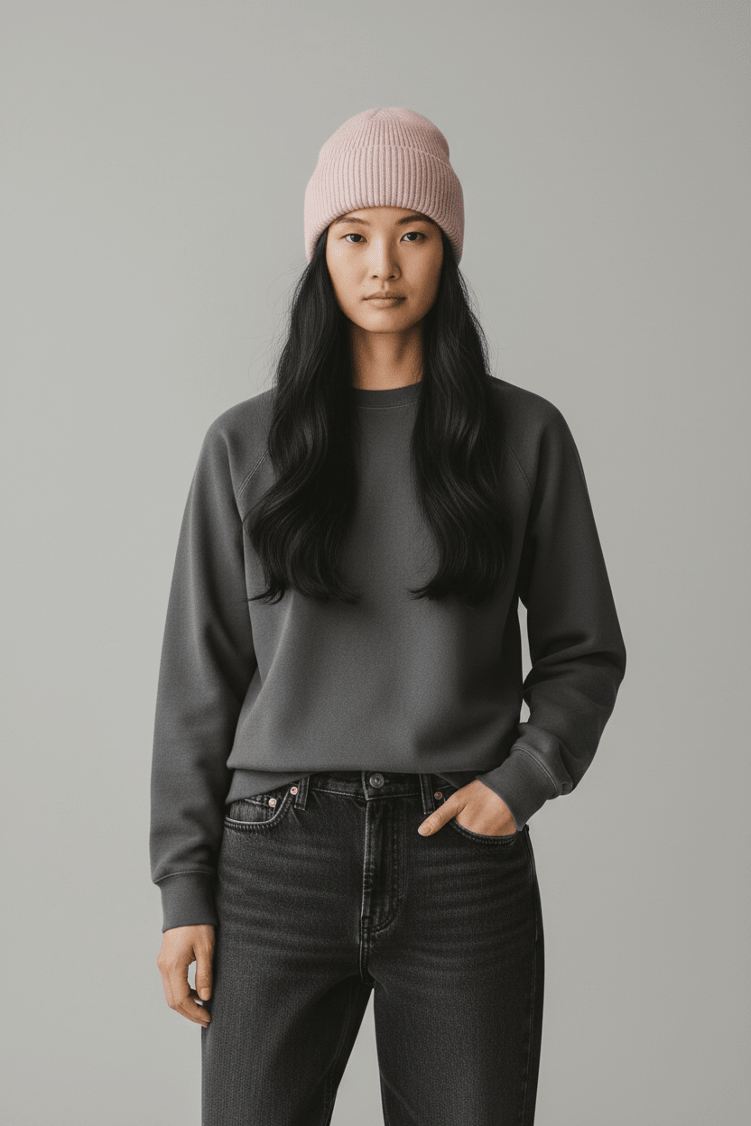 Eine Frau in LEY! Eine Wollmütze „Saha“ in Apricot, ein graues Sweatshirt und schwarze Jeans vor einem hellgrauen Hintergrund.