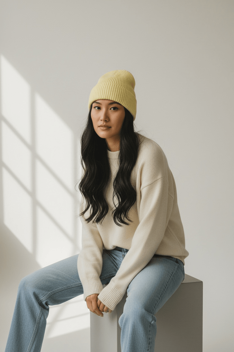 Eine Frau in einem LEY! „Saha“-Unisex-Wollmütze in Lila, einem cremefarbenen Pullover und Jeans sitzt auf einem Würfel in einem strahlend weißen Raum.