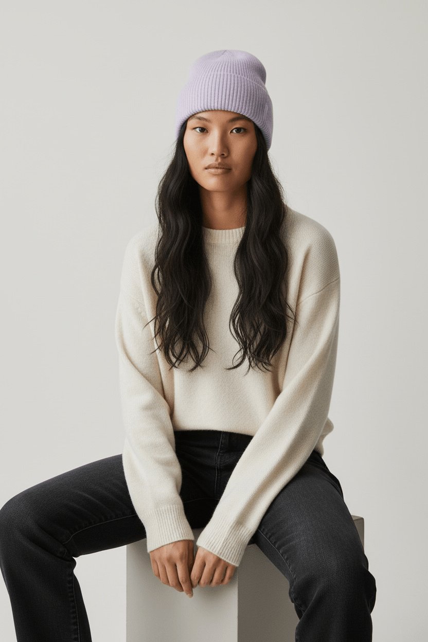 Eine Frau trägt eine LEY!-Wollmütze „Saha“ in Lavendel, einen cremefarbenen Pullover und schwarze Jeans, während sie auf einem weißen Block sitzt.