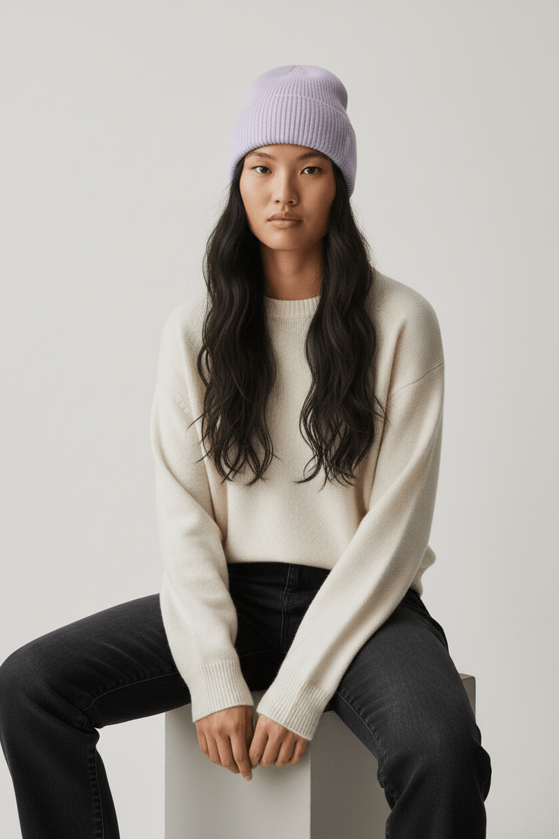 Eine Frau trägt eine LEY!-Wollmütze „Saha“ in Lavendel, einen cremefarbenen Pullover und schwarze Jeans, während sie auf einem weißen Block sitzt.