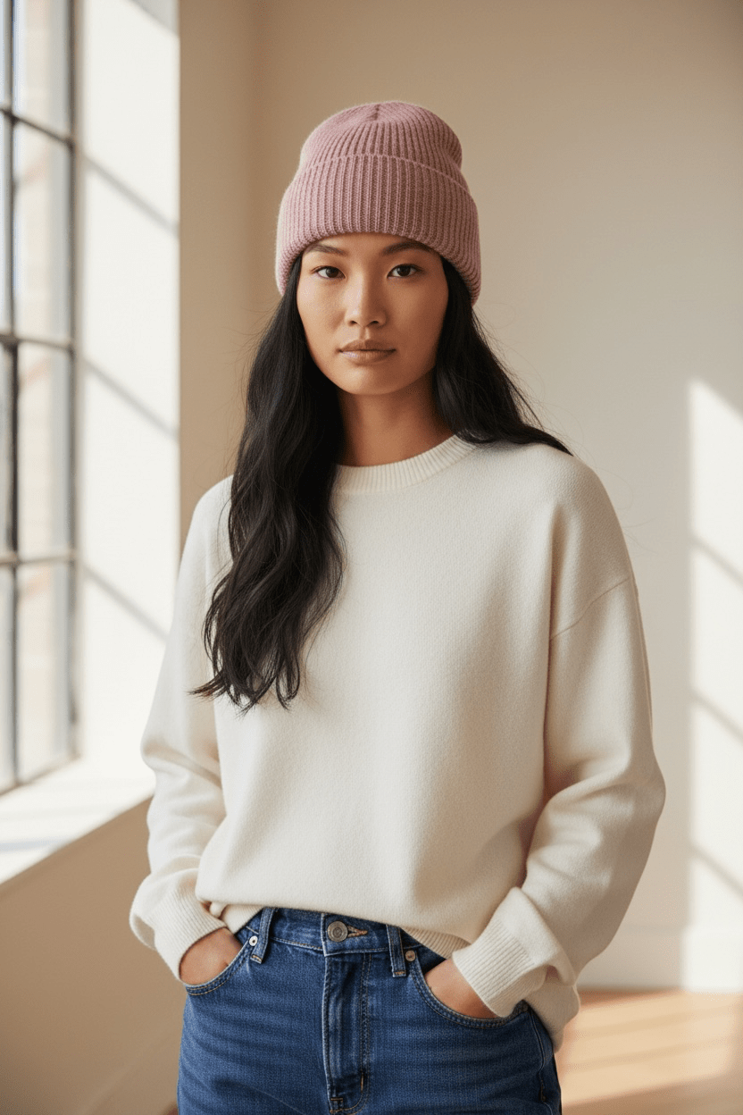 Eine Frau in einem cremefarbenen Pullover und einer LEY!-Wollmütze „Saha“ in Pink steht mit den Händen in den Taschen vor einem sonnendurchfluteten Fenster.
