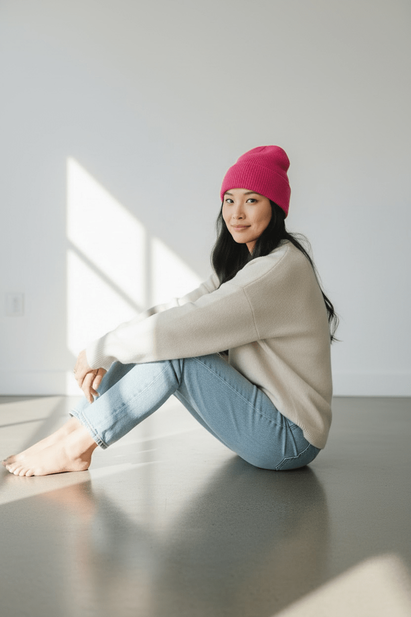 Eine Frau in einer LEY!-Wollmütze „Saha“ in Lila, einem cremefarbenen Pullover und Jeans sitzt auf einem sonnenbeschienenen Boden und blickt in die Kamera.