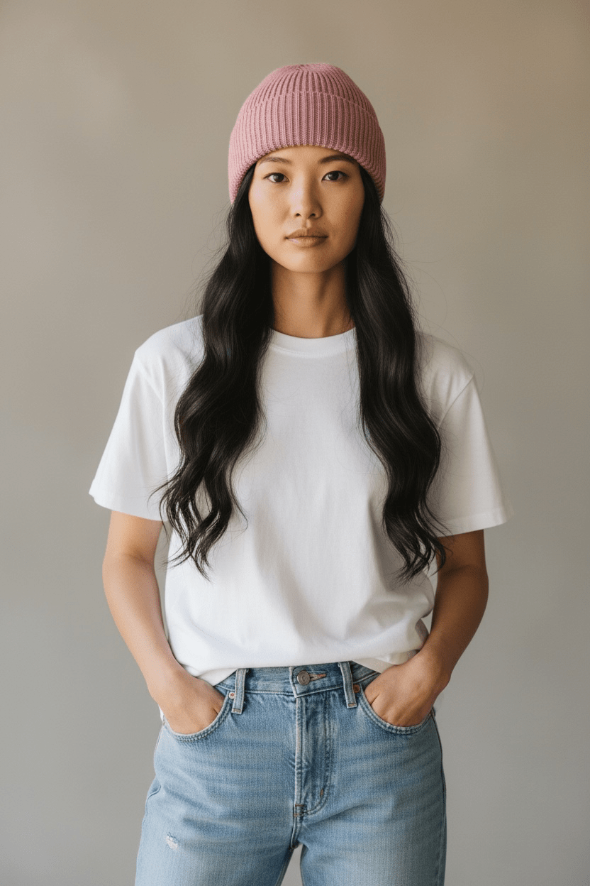 Eine Frau trägt eine LEY!-Wollmütze „Saha“ in Rosa, ein weißes T-Shirt und Jeans, die Hände in den Taschen, vor einem neutralen Hintergrund.