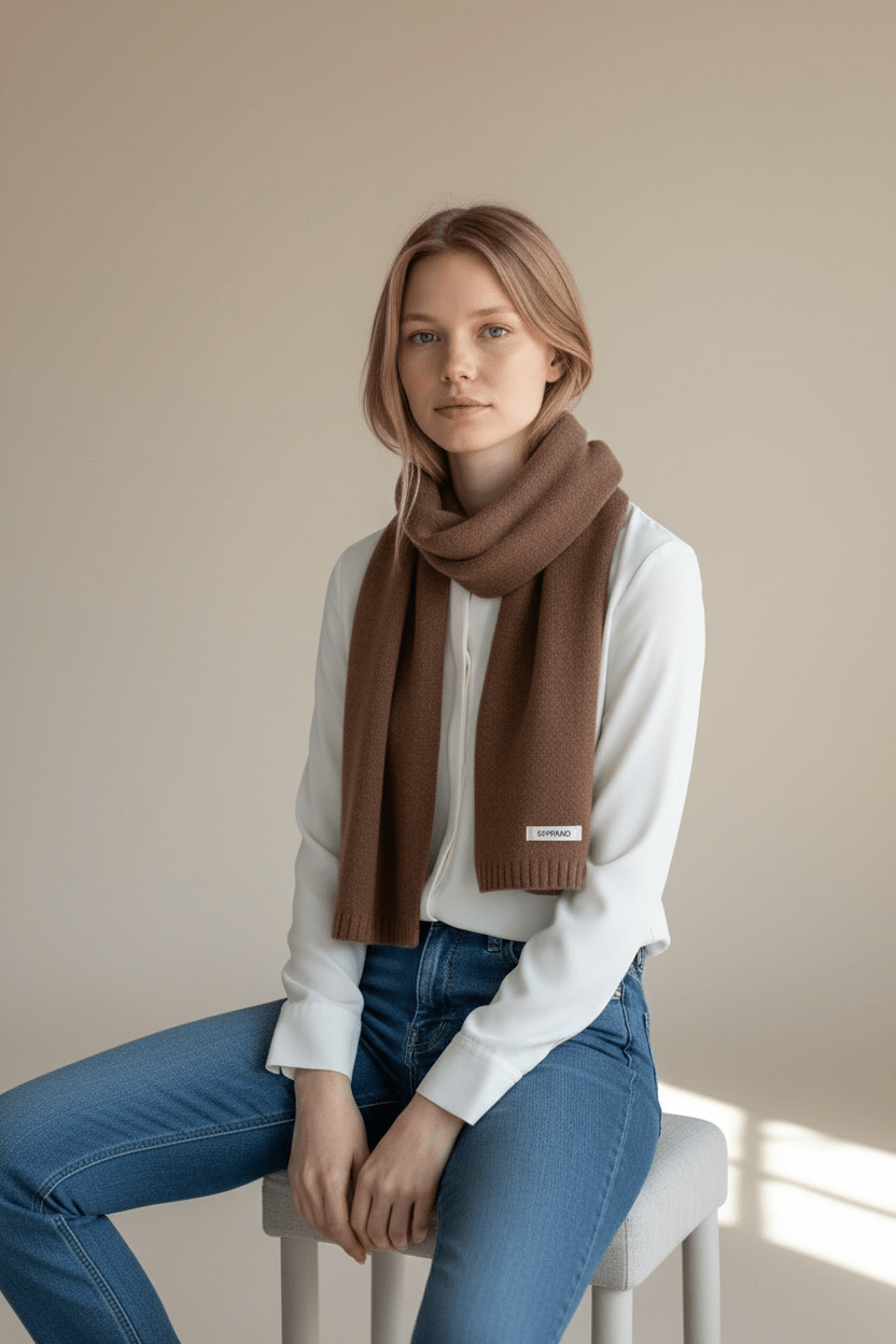 Merino-Wollschal 'NURA' - Nussbraun